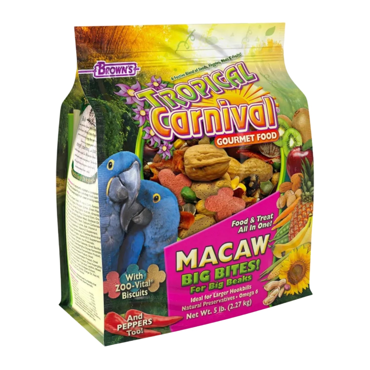F.M. Brown's Tropical Carnival Gourmet Macaw Food Big Bites in a 5 lb bag, featuring colorful, nutritious bird food for macaws.