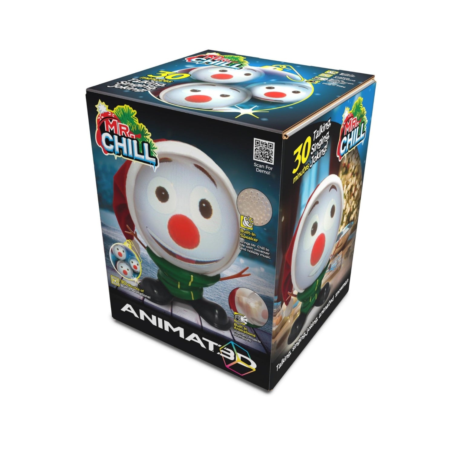 ANIMAT3D Mr. Chill talking animated snowman with built-in projector and speaker, showcasing a cheerful snowman with a hat and scarf.