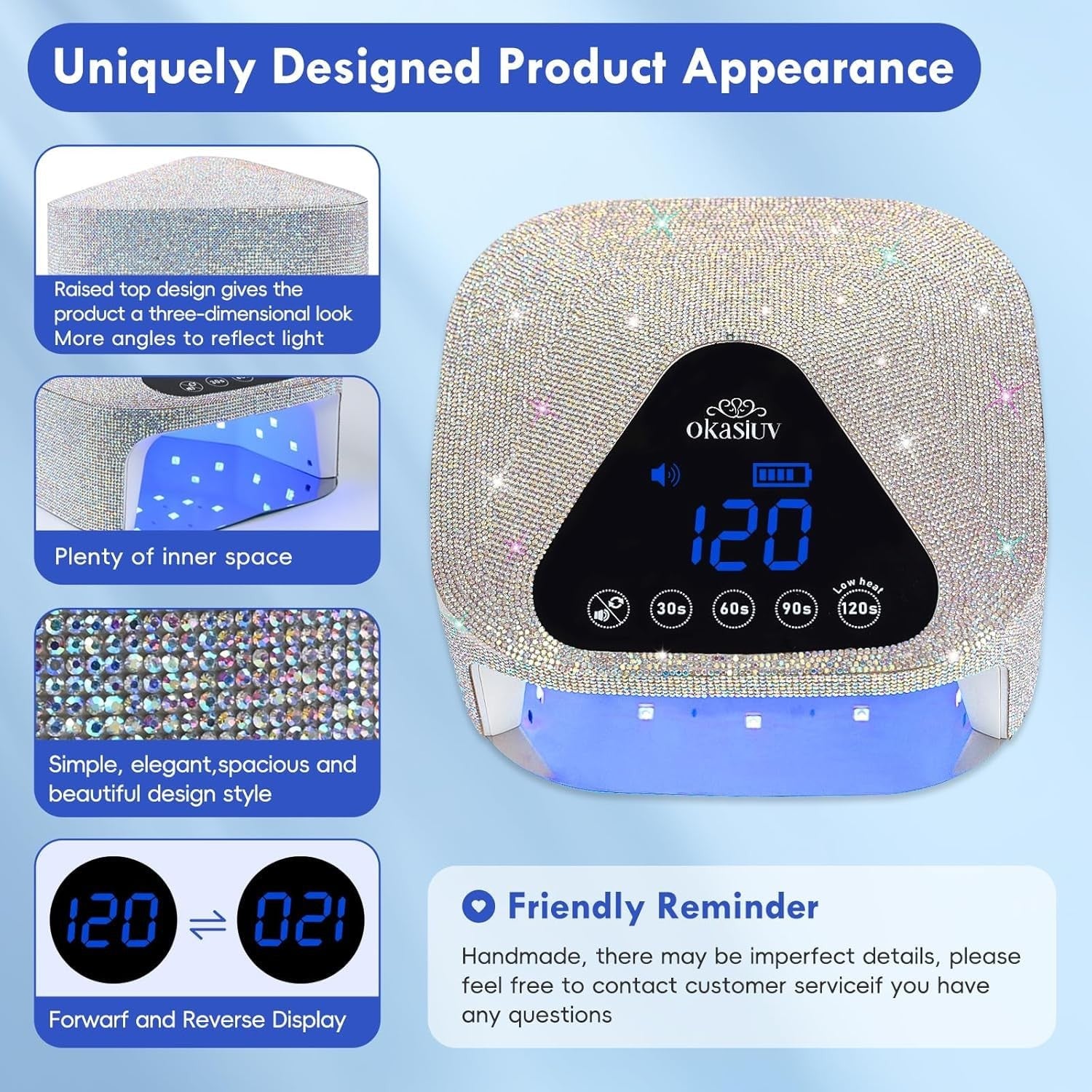 Okasiuv UV LED nail lamp with UV gloves, magnetic metal mirror base, cordless design for professional gel nail curing.
