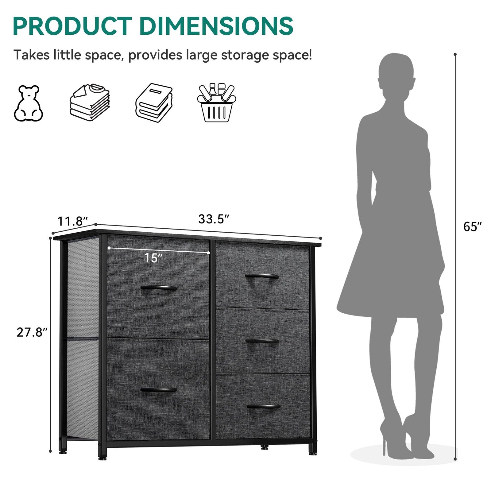 YITAHOME bedroom dresser with five fabric drawers, wide storage unit, ideal for organizing bedroom clothing and accessories.