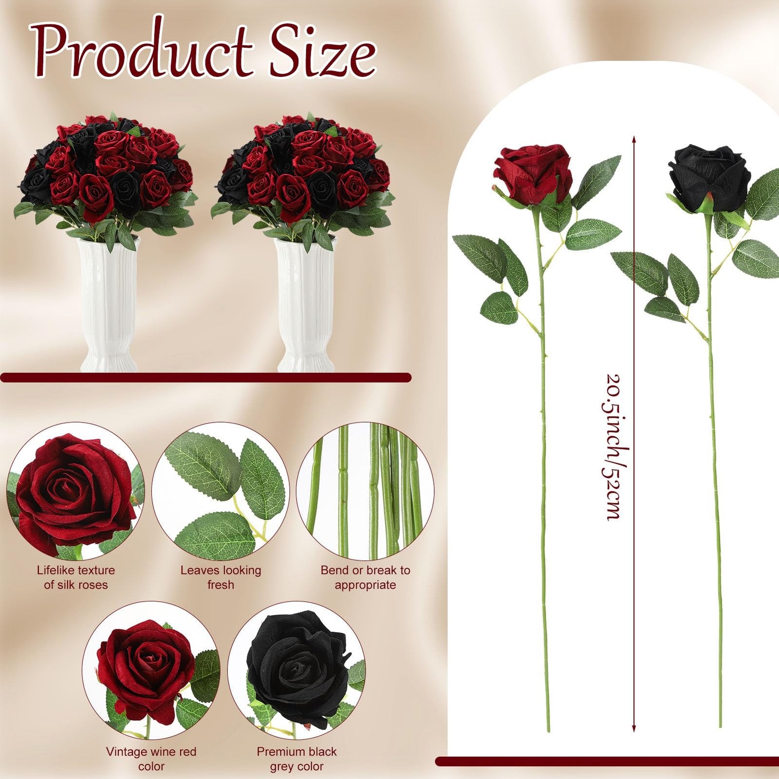 Ovveroche 80-piece artificial silk roses in black and red, realistic floral bouquet with detailed petals and vibrant colors.