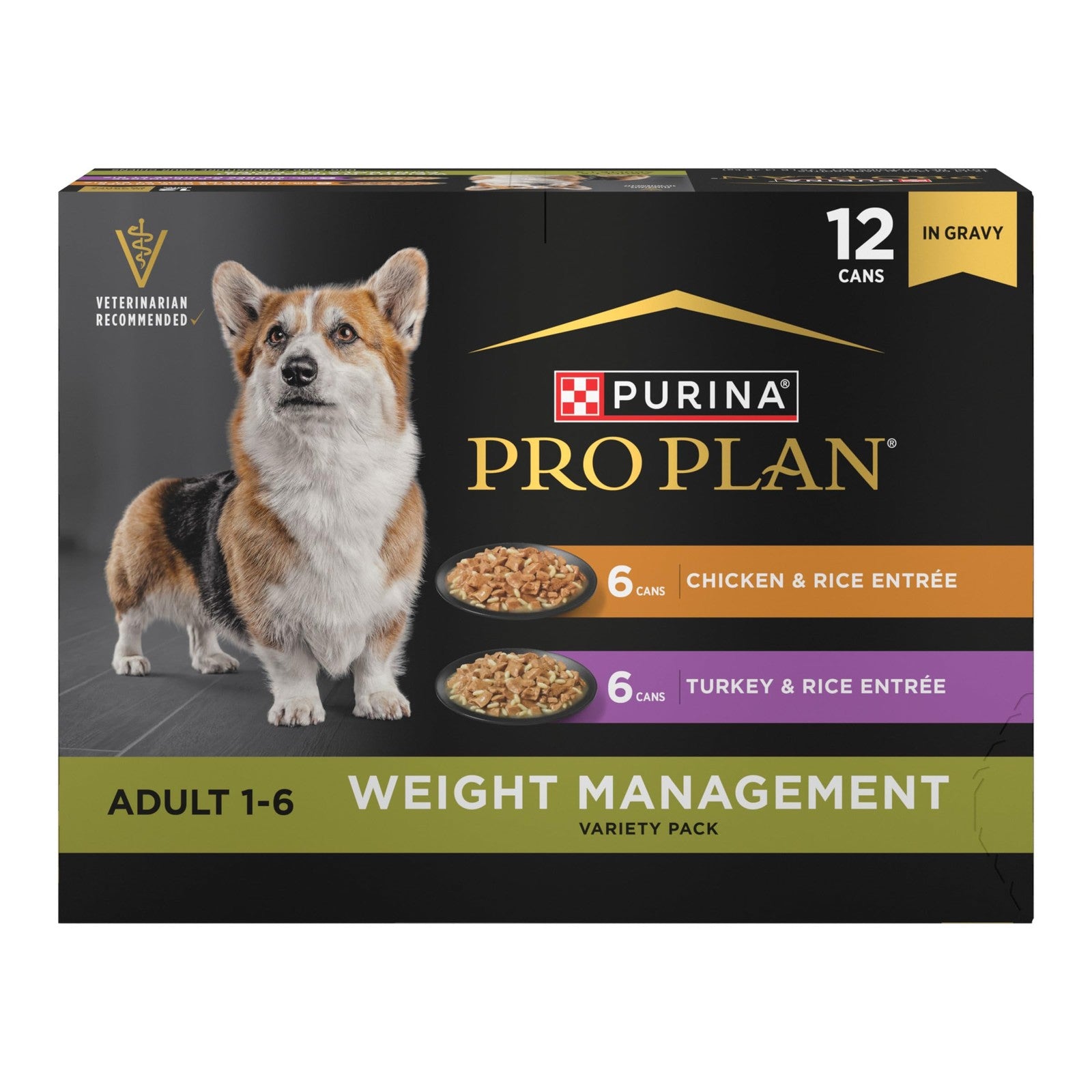 Cans of Purina Pro Plan Weight Management Wet Dog Food with chicken and rice, showing the dog food tray with chicken and rice chunks.