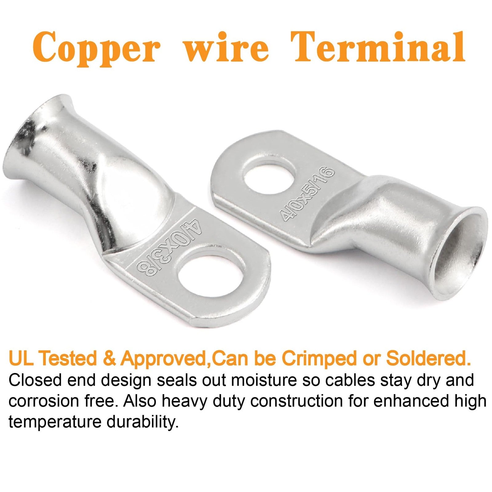 Taukealugs 48PCS battery terminal connectors set with tinned cable ends for AWG 1/0 to 4/0, showing various connector types on a white background.