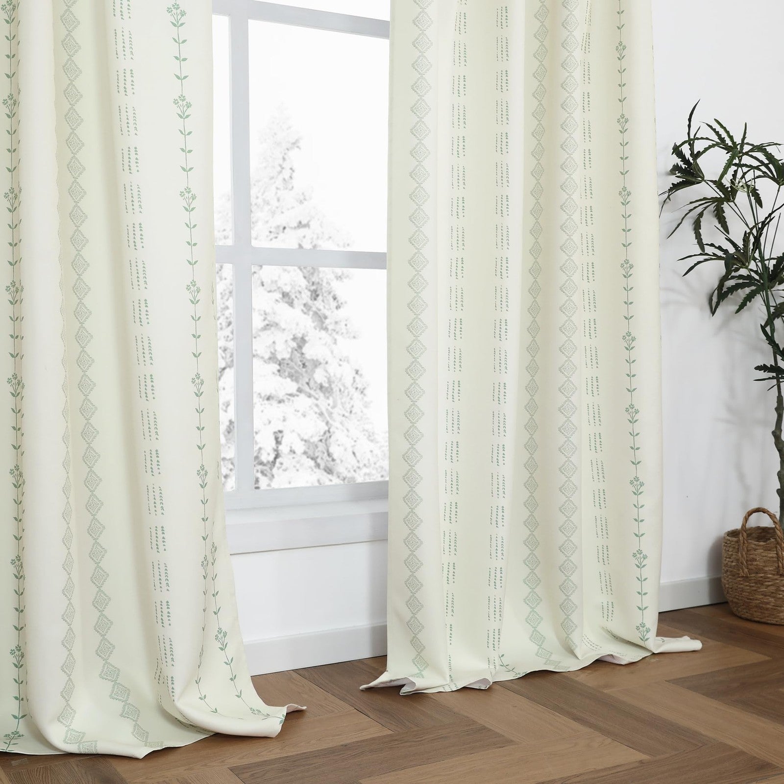 Sage green botanical vine farmhouse curtains with boho floral print by Lino Rosa, featuring cottagecore-inspired design.