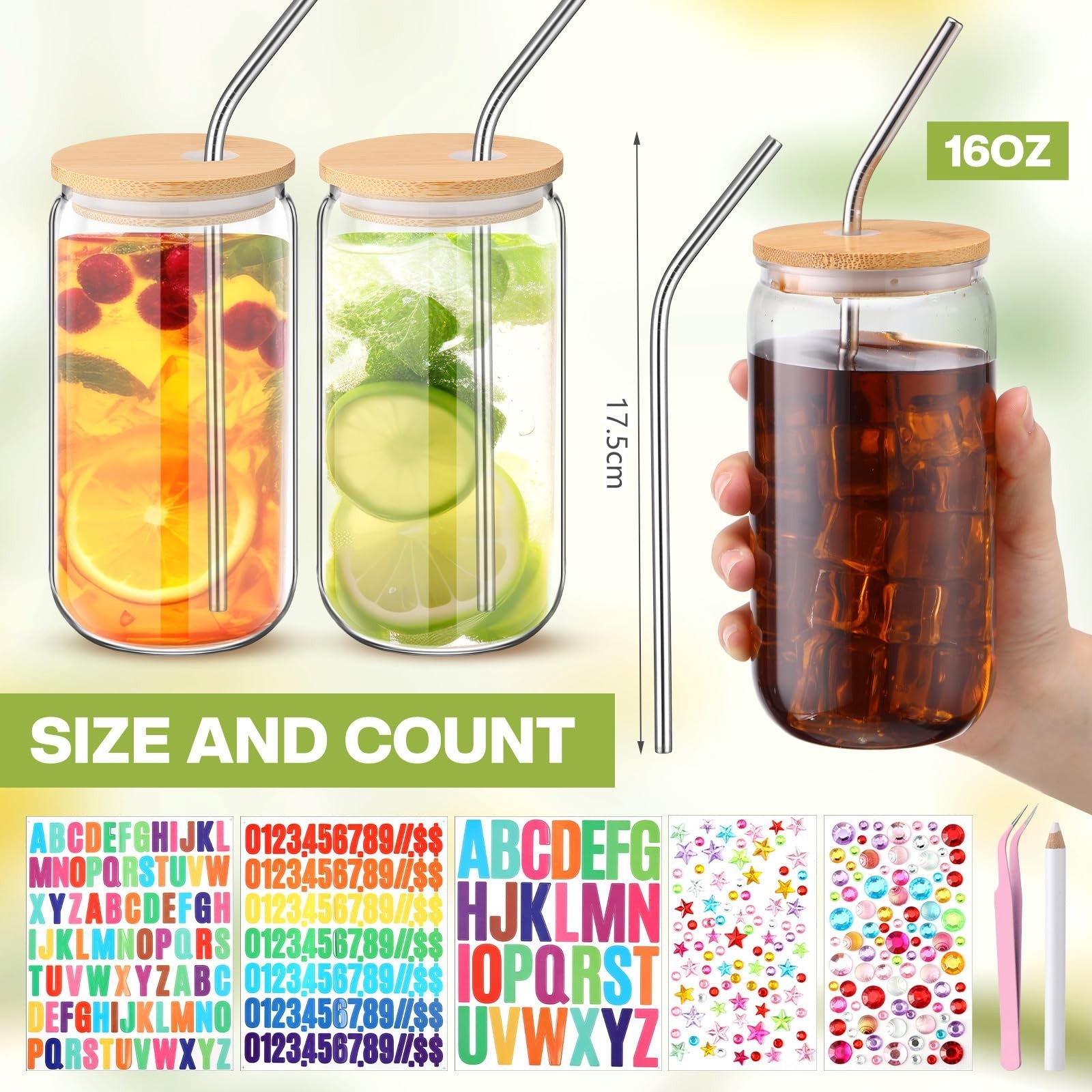 Set of six Yetene 8x 16oz plastic mason jars with lids and straws, acrylic beer can style for beverages and drinks.