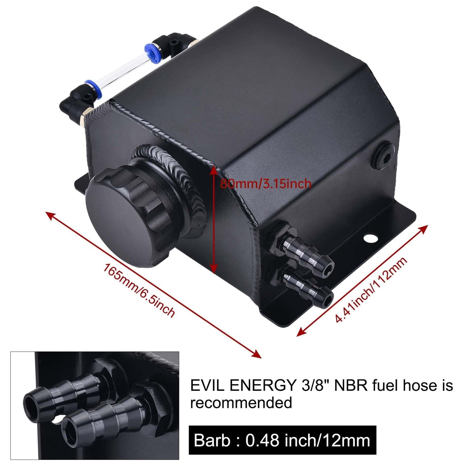 EVIL ENERGY aluminum coolant overflow tank with hose kit, automotive coolant reservoir for engine cooling systems.