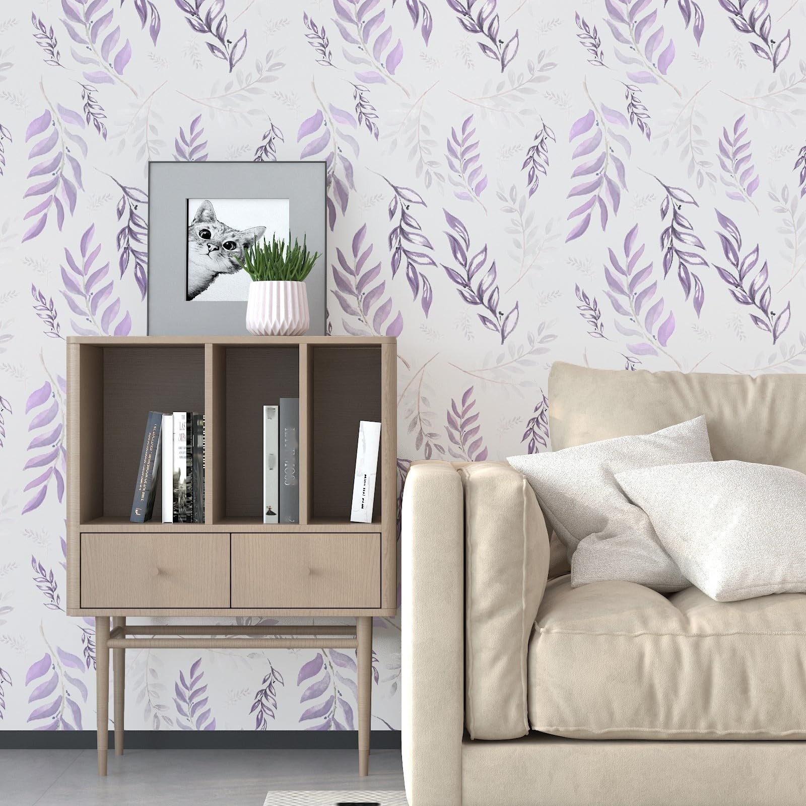 White and purple leaf-themed peel and stick wallpaper by Laatse, featuring botanical leaf design on contact paper, 17.5 inches wide.