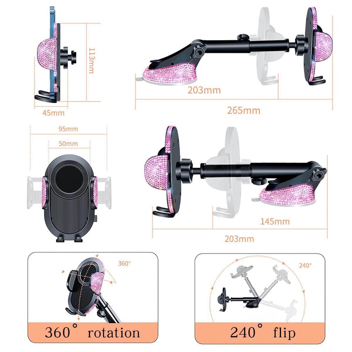 Erolagomat Bling cell phone holder for car with powerful suction, decorated with rhinestones, designed for women, suitable for rally racing.