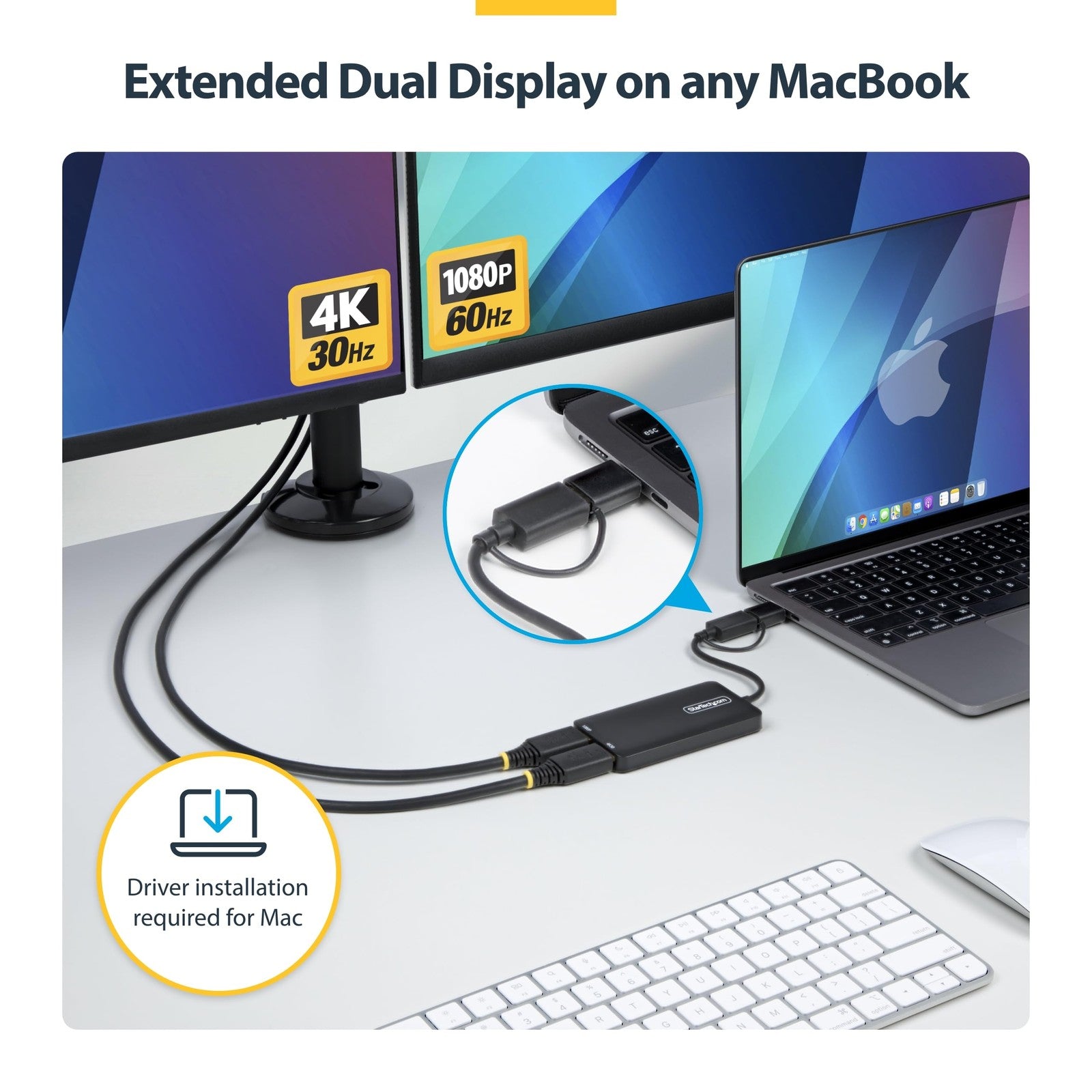 StarTech.com dual monitor adapter connected to MacBook and Windows laptop, displaying dual screens on separate monitors.