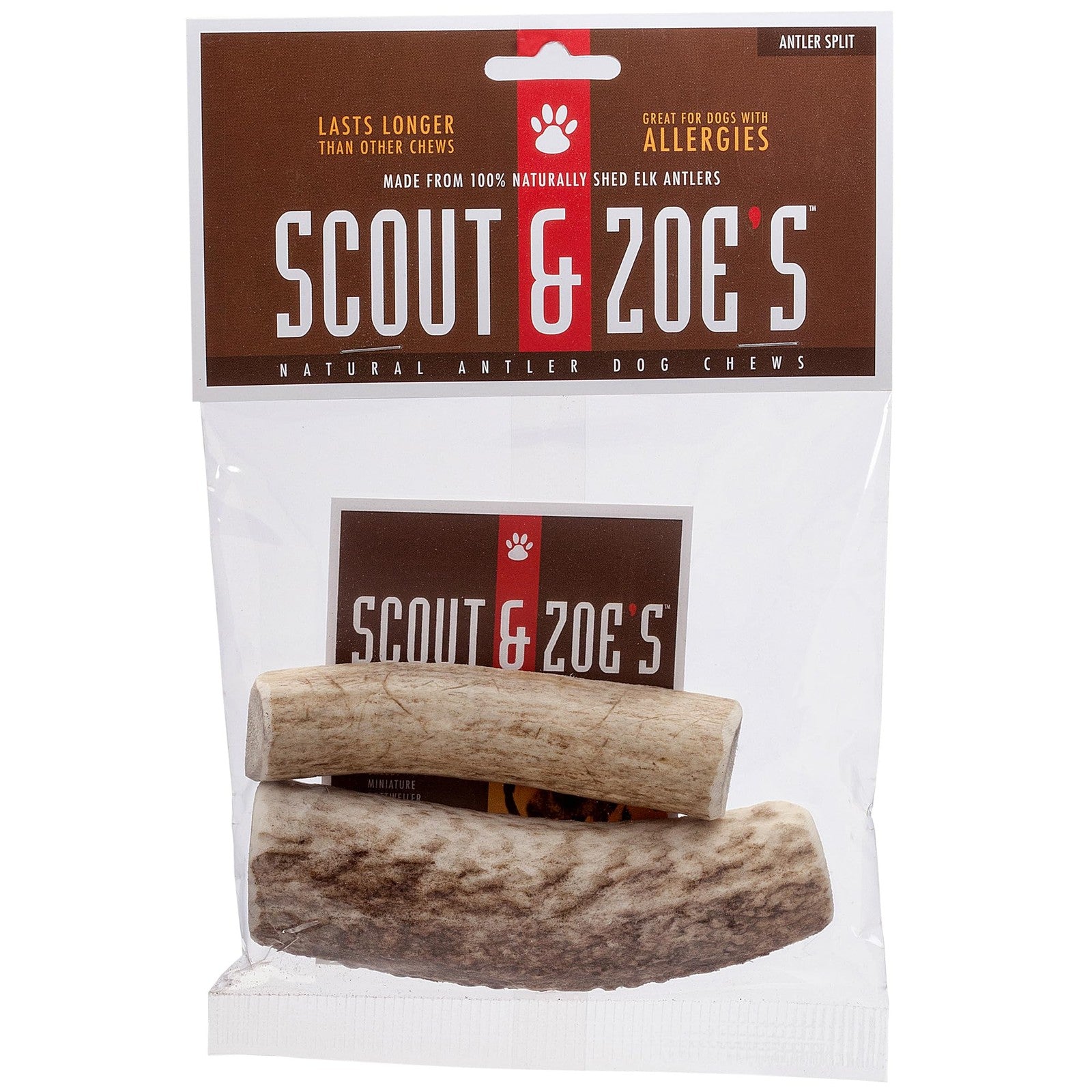 Scout & Zoe's Antler Splits for dogs, natural chew treats made from deer antlers, shown in a close-up image.