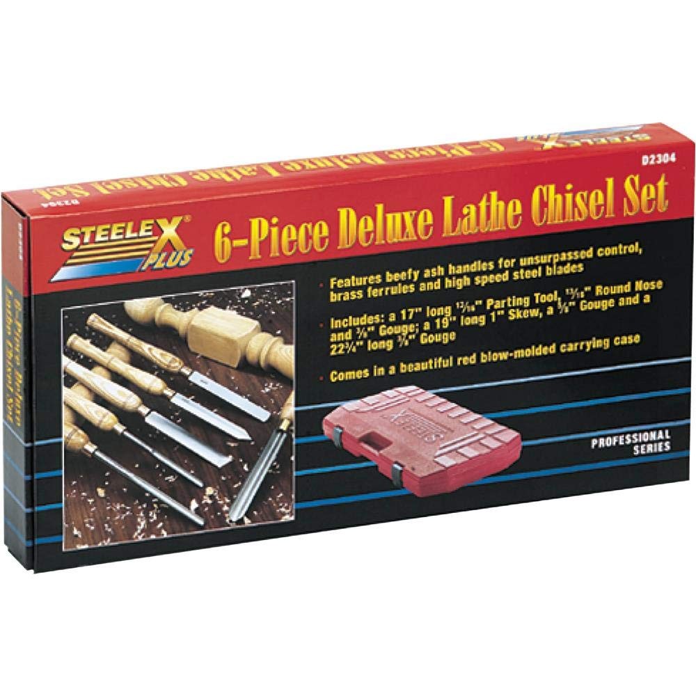 Set of six Steelex Plus D2304 Deluxe HSS lathe chisels with wooden handles, arranged in a protective case.