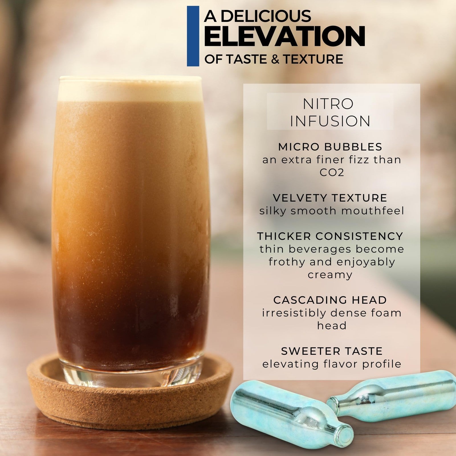 ICO 40-piece nitrogen cartridges for nitro cold brew coffee makers, showing stacked N2 cartridges in their packaging.