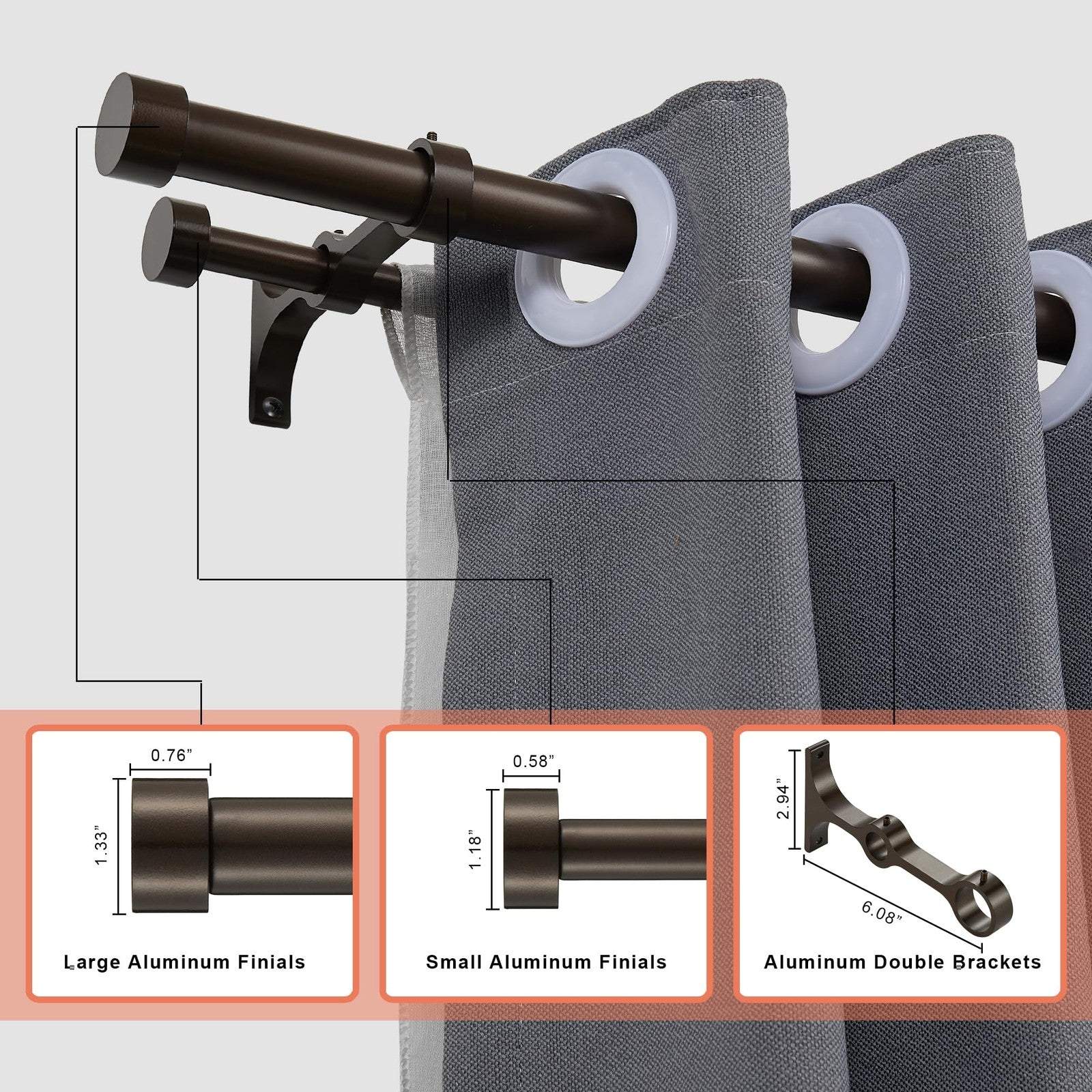 Lwiiom double curtain rods with aluminum brackets in dark bronze, adjustable 72-144 inches
