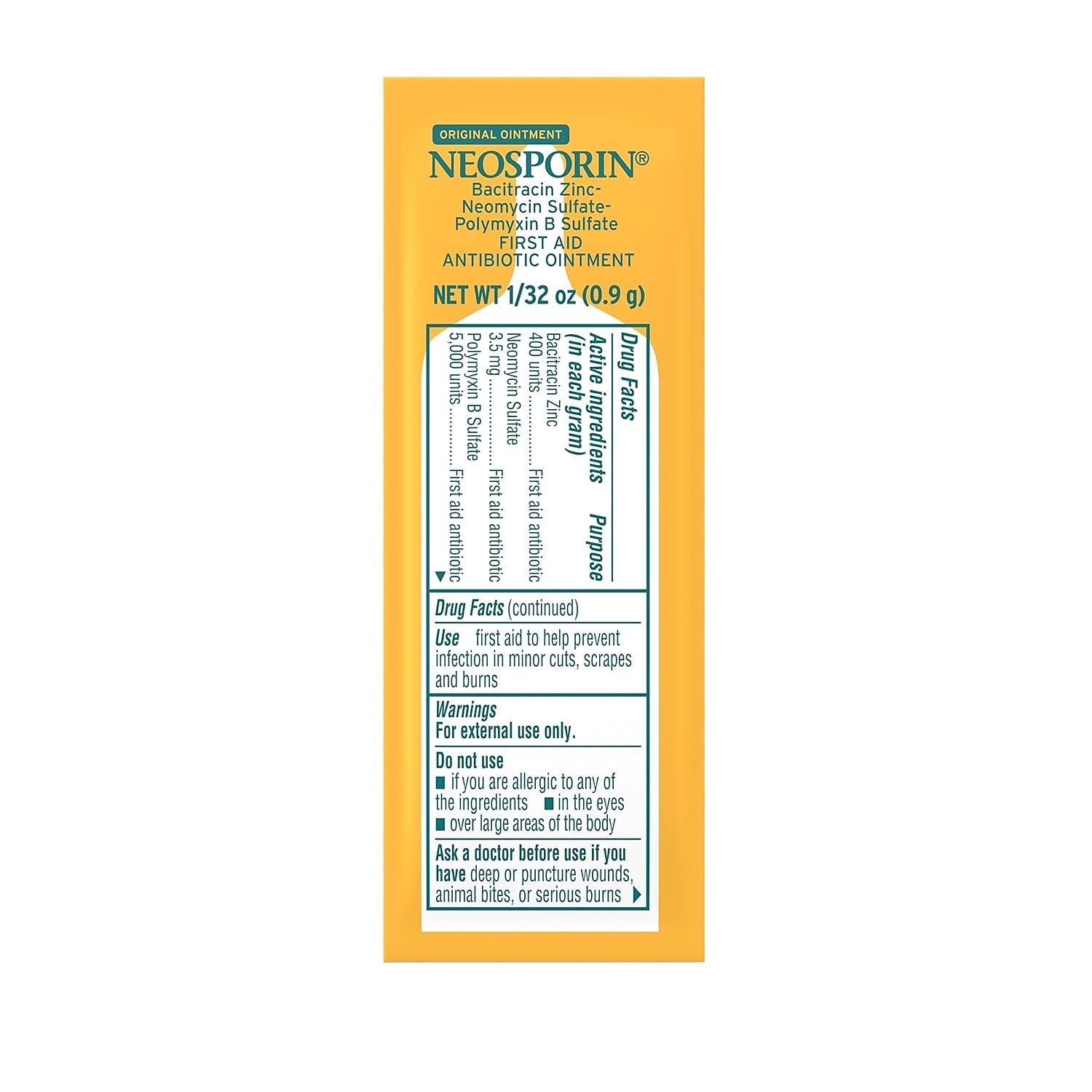 Neosporin antibiotic ointment pack with 144 yellow capsules, 0.31oz each, used for minor skin infections and cuts.