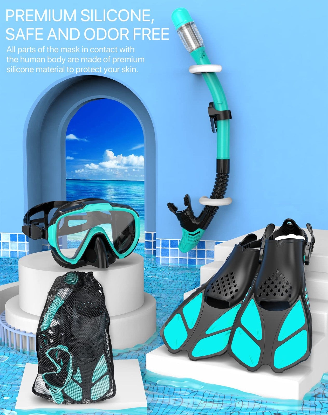Ubekezele 4-in-1 snorkeling gear set for adults with panoramic view mask, snorkel, fins, and waterproof accessories.