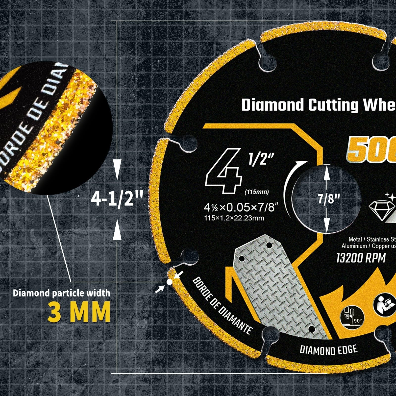 Revvstark 4 1/2 inch diamond cut off wheel with 7/8 inch arbor, suitable for metal cutting and grinding tasks.