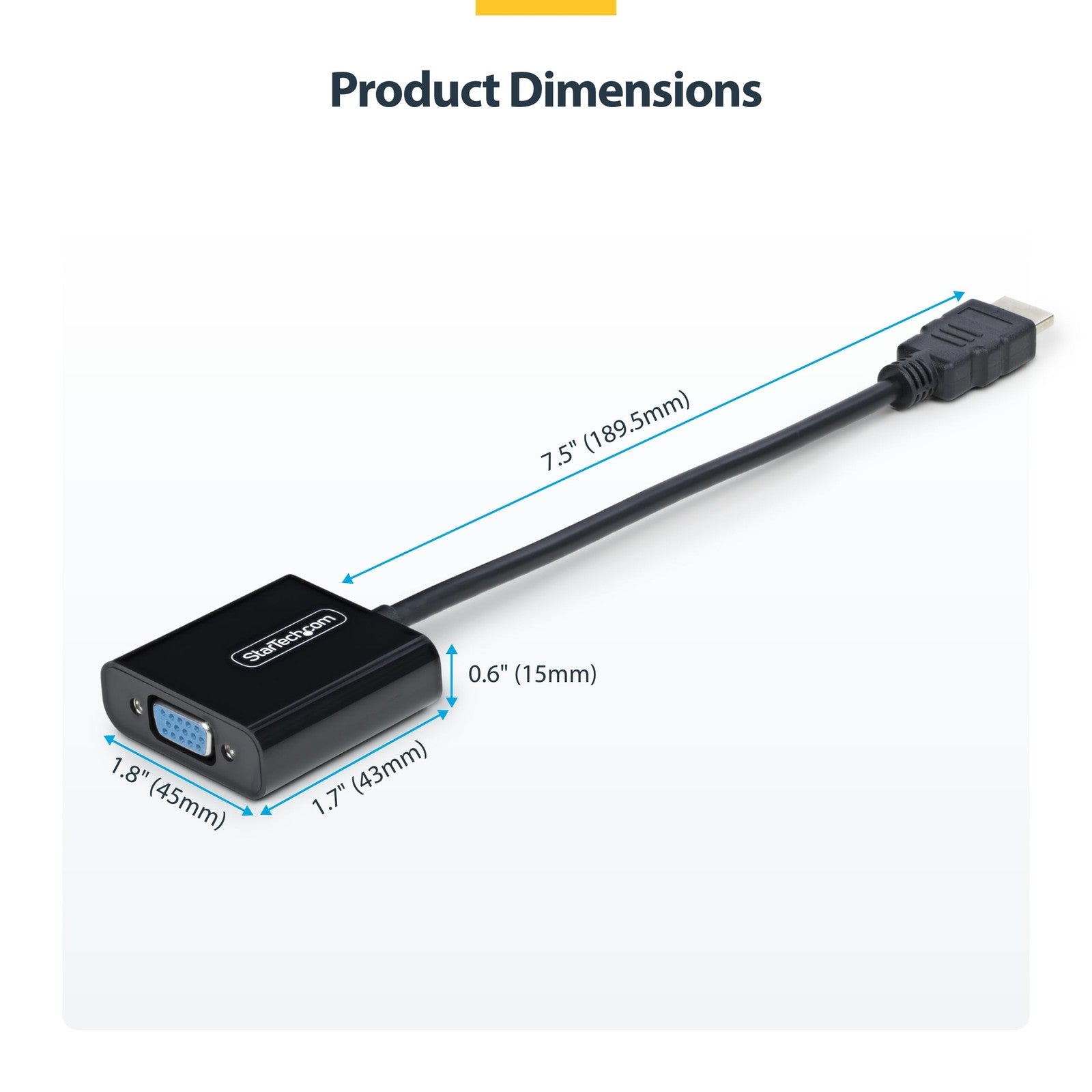 StarTech HDMI to VGA adapter showing active video conversion from HDMI laptop to VGA monitor, with cable and connector details.