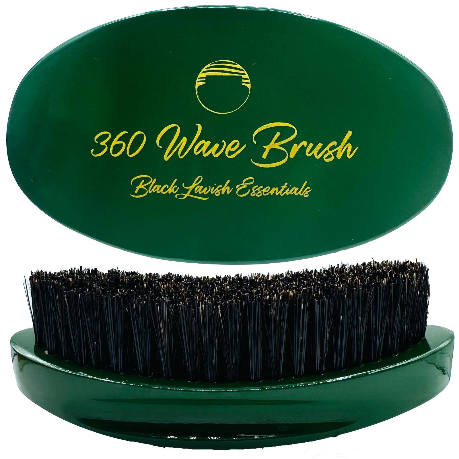 Black Lavish Essentials 360 Wave Brush with soft and hard boar bristles, curved black design for building deep, smooth waves