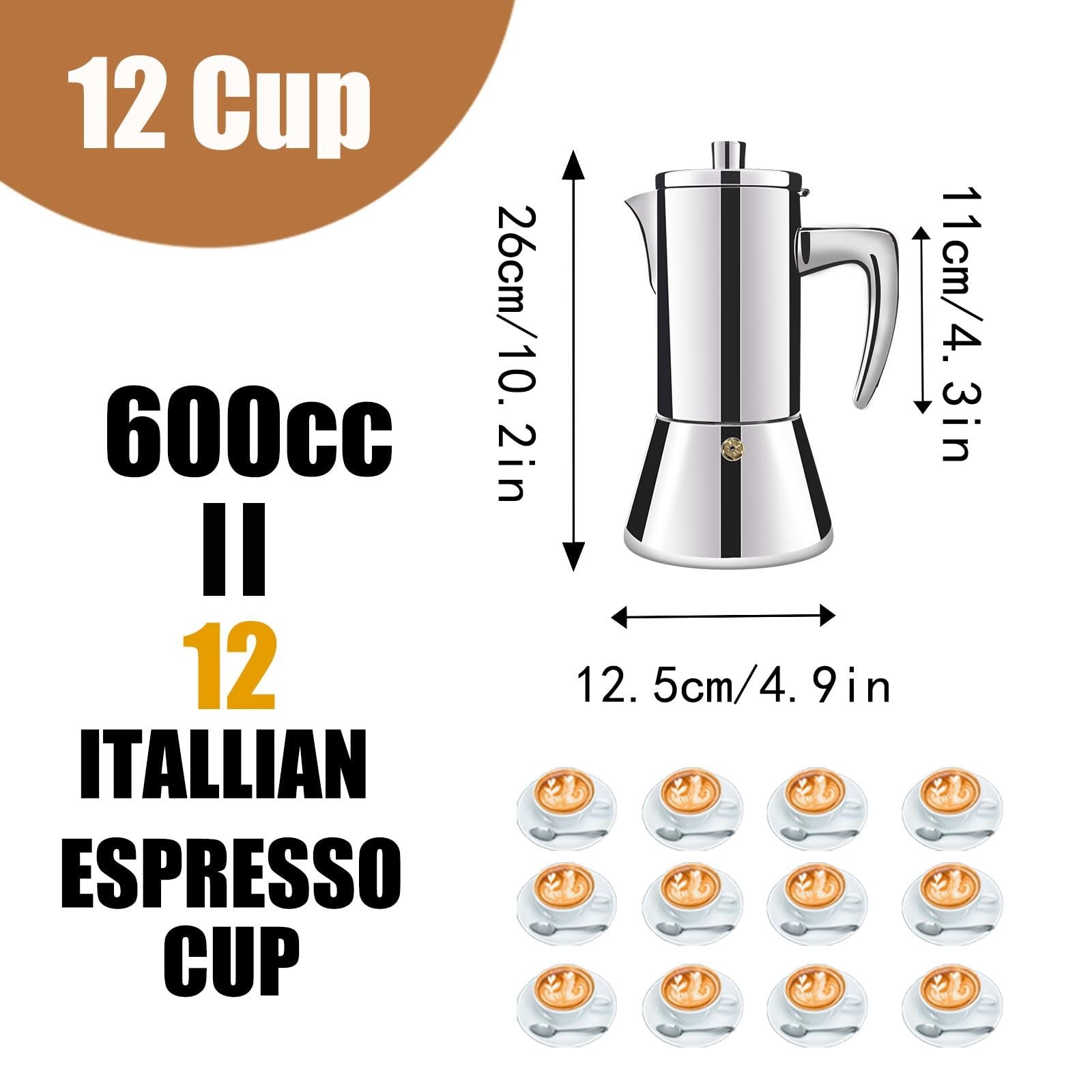 DITOSH 12-cup stainless steel stovetop espresso maker with a classic moka pot design and ergonomic handle.