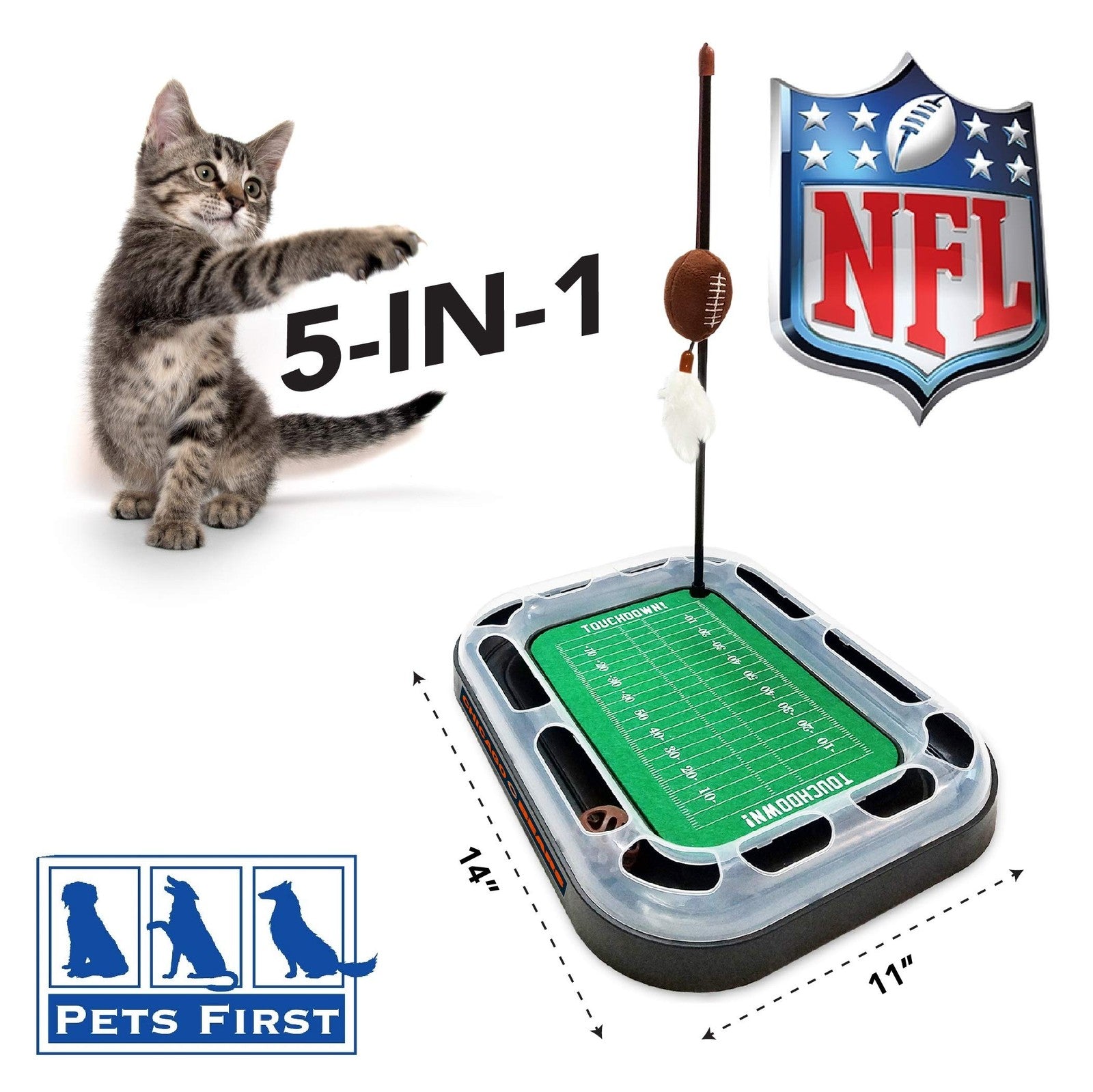 Pets First Chicago Bears football field cat scratcher toy with NFL team design and textured surface for feline scratching fun.