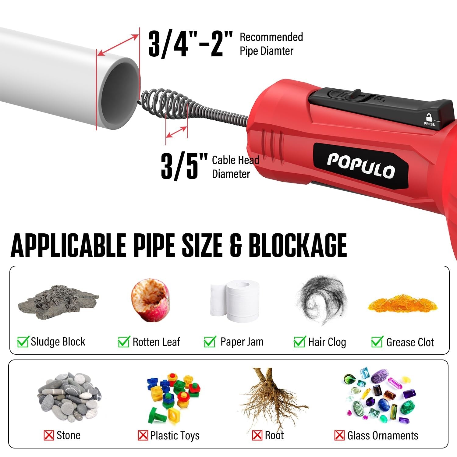 Populo 17FT drain snake auger with auto-feed feature for clearing sink, shower, and tub clogs, shown coiled and ready to use.