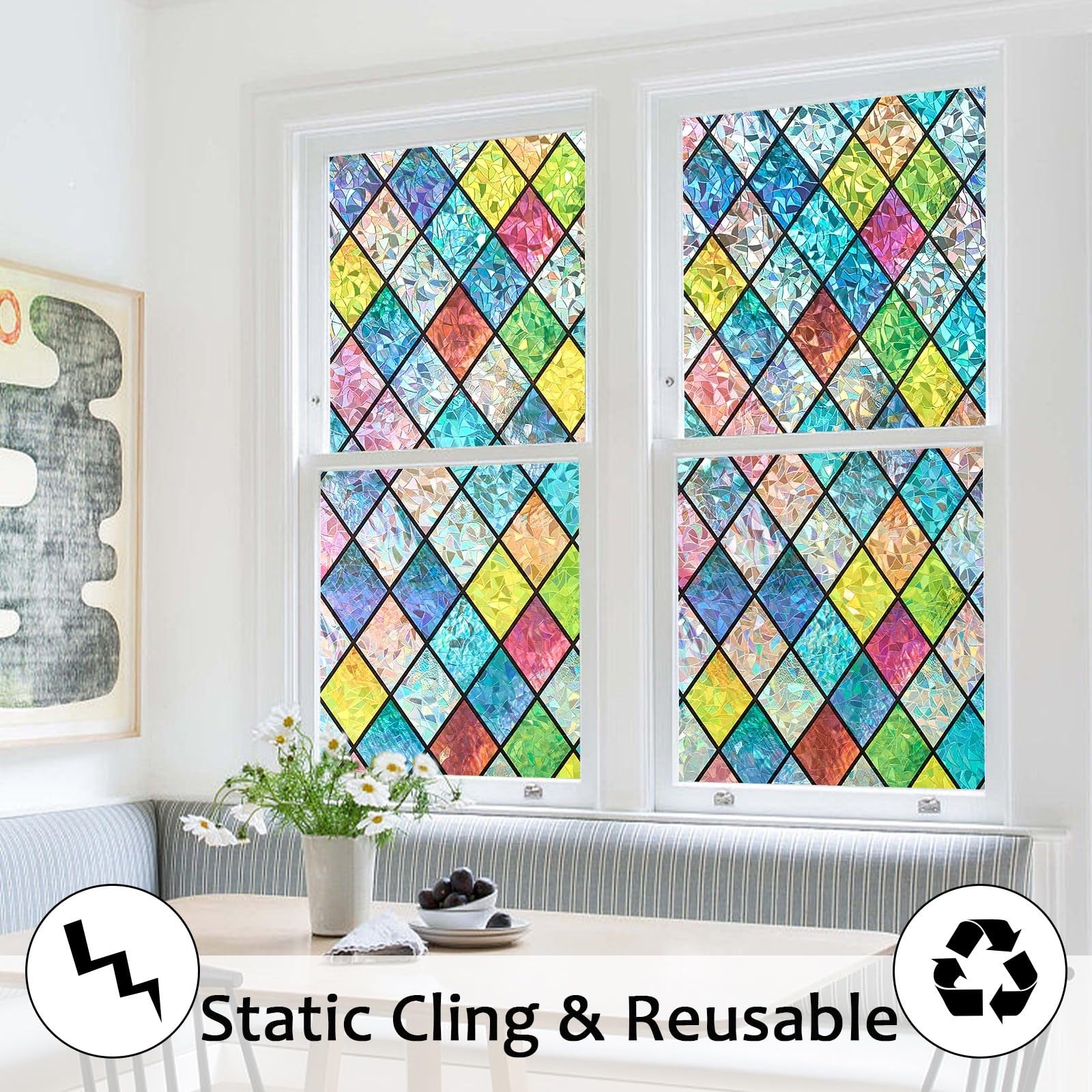 Decorative Bectosy stained glass window film with colorful patterns, offering privacy and UV protection for home or office windows.