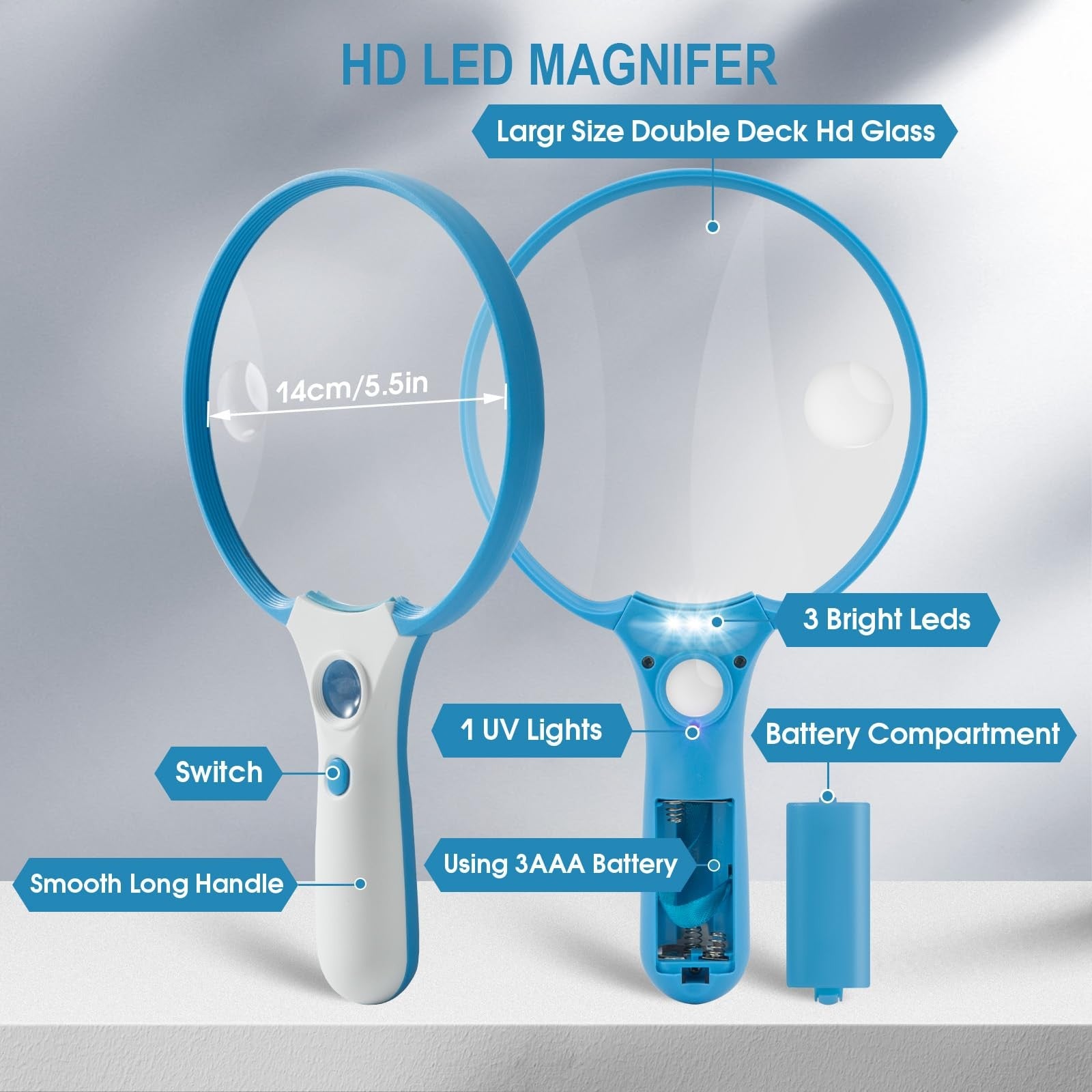 Ebbnivs large 5.5-inch handheld LED magnifying glass with built-in light for reading and crafts, showing the glass lens and handle