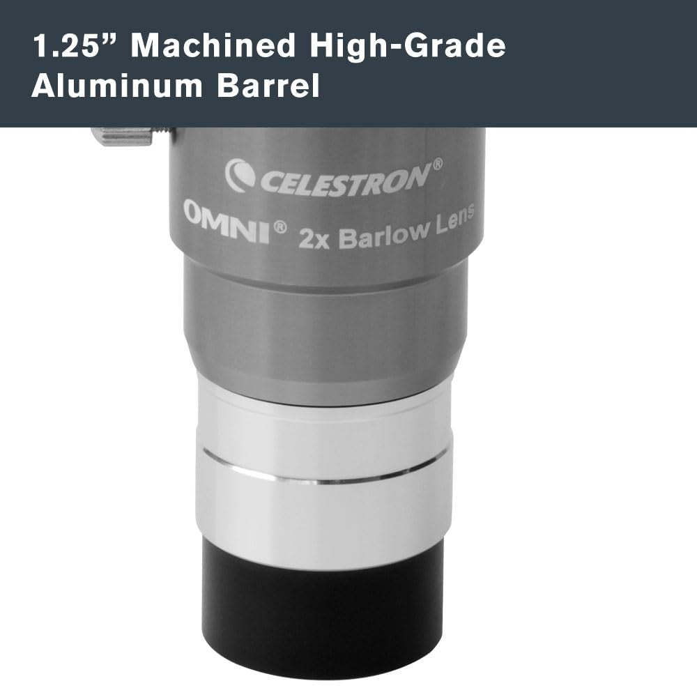 Celestron 93326 Omni Barlow Lens in silver, 2x magnification, 1.25-inch size, for telescope eyepiece enhancement