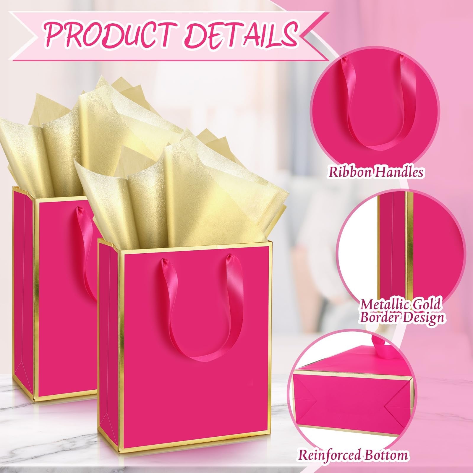 Set of 50 metallic gold foil gift bags with handles and tissue paper by Yeaqee, ideal for special occasions and gift giving.