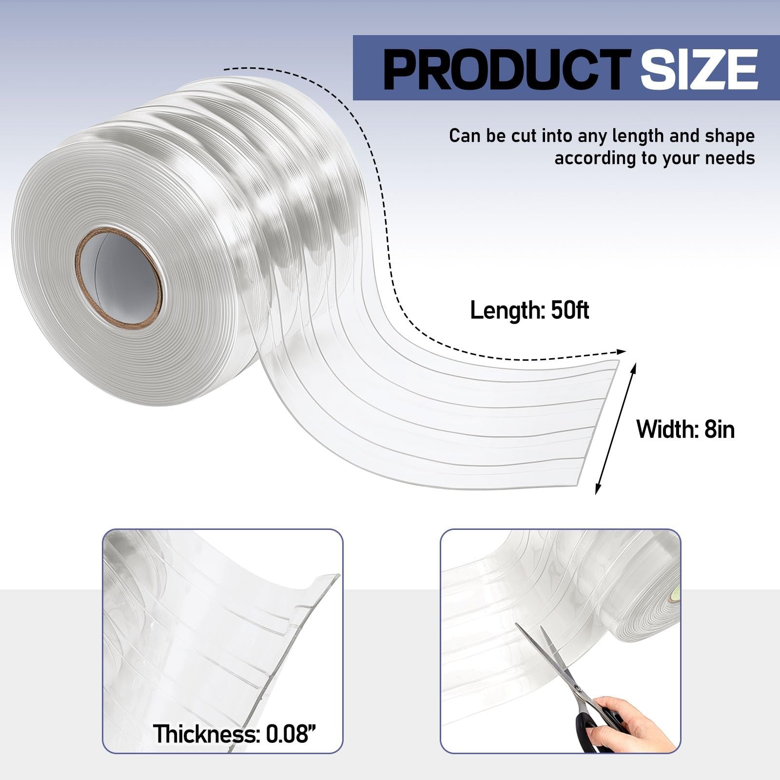 Clear PVC curtain strip roll from Moukeren, 50 ft long and 8 inches wide, with heavy-duty plastic strips for door or partition use.
