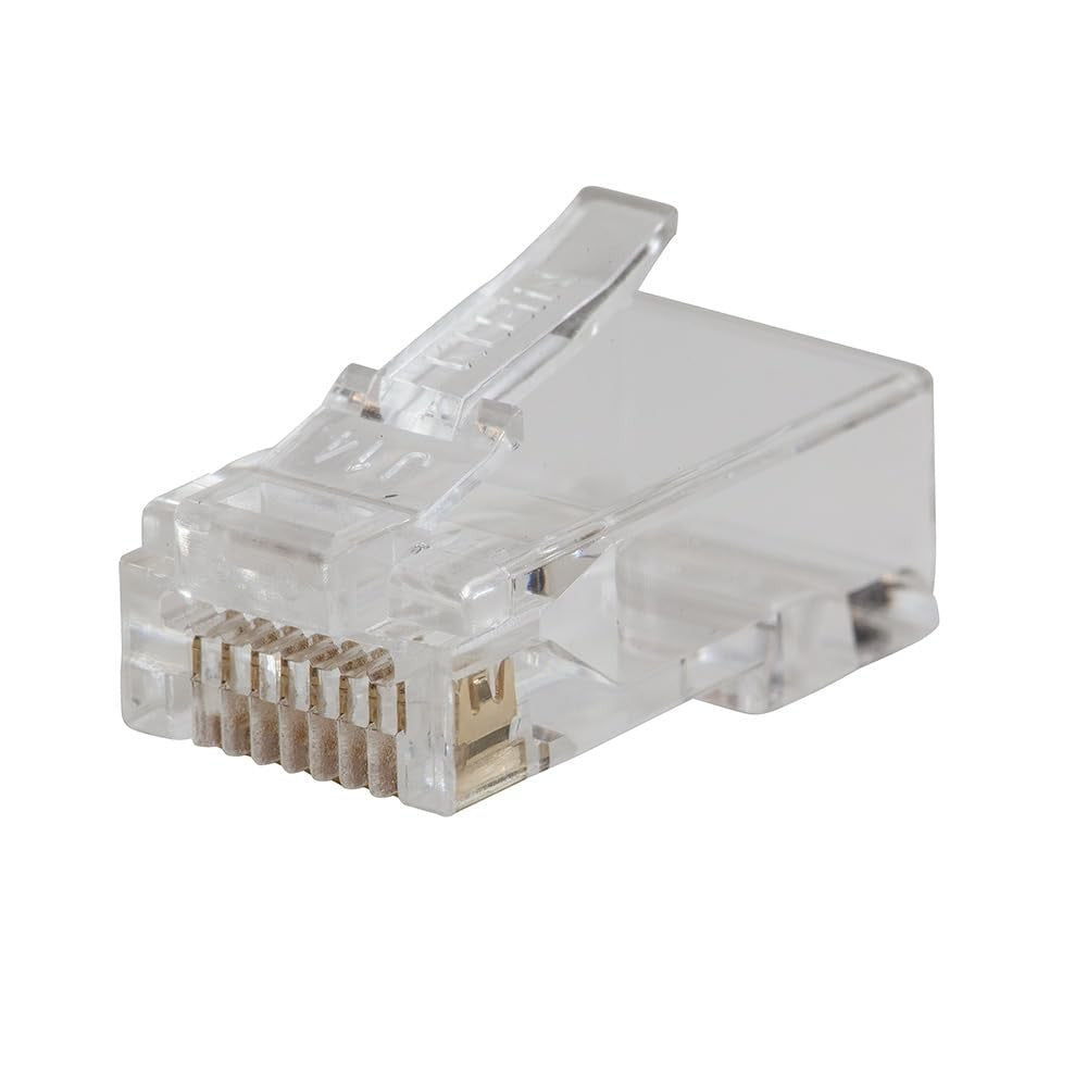 Klein Tools VDV826-702 Pass-Thru Modular Data Plug RJ45 CAT5E with gold connectors, shown in close-up.