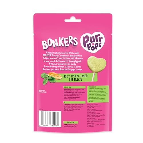 Bonkers Purrpops freeze-dried catnip lollipop treats for cats, 52-count package, featuring colorful packaging and treats inside.