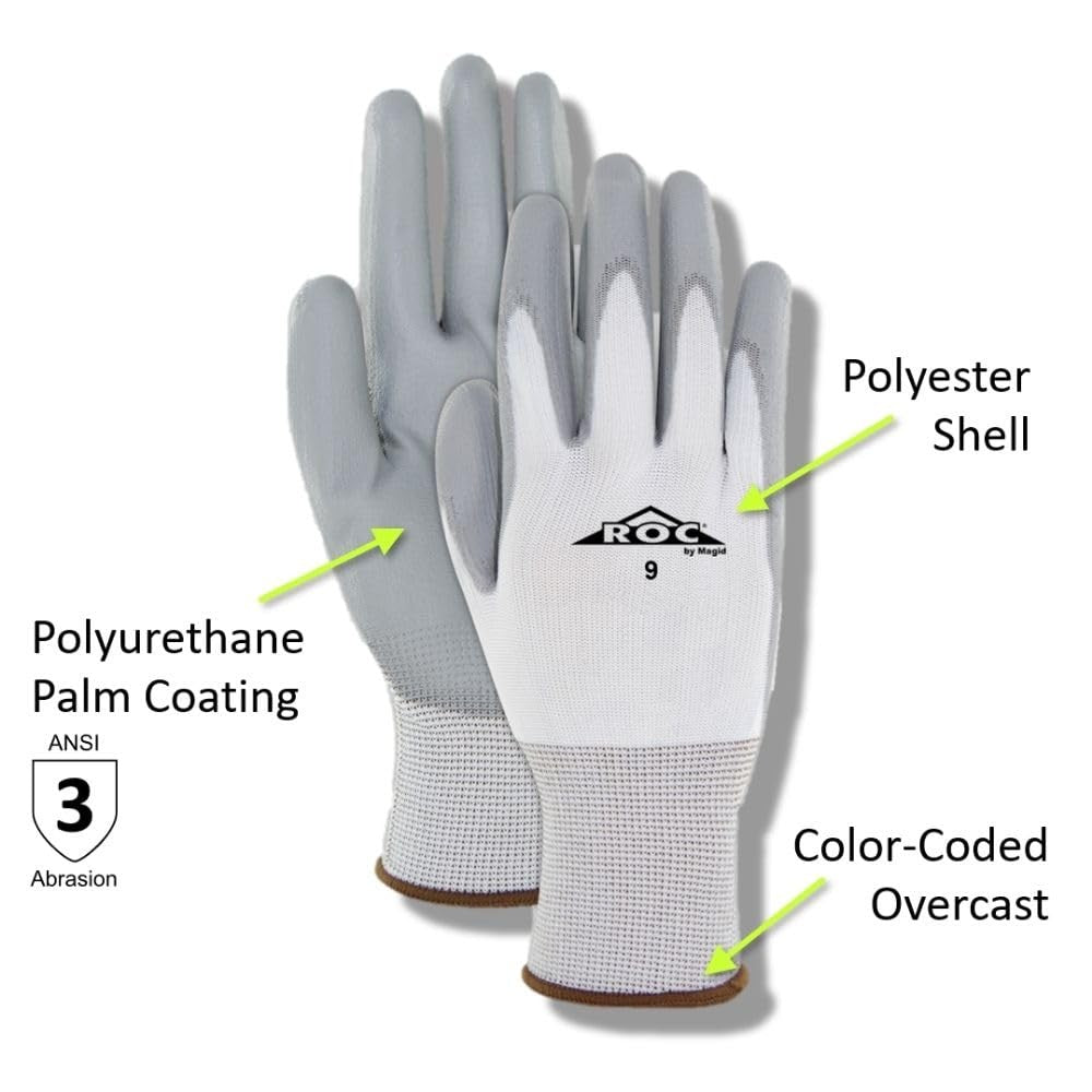 Magid Roc lightweight polyurethane palm coated work gloves, 12 pairs, showing textured grip and flexible fit for industrial tasks.