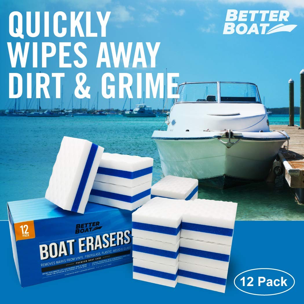 Better Boat 12-pack premium boat scuff erasers for cleaning boat surfaces and removing marks on boating accessories.