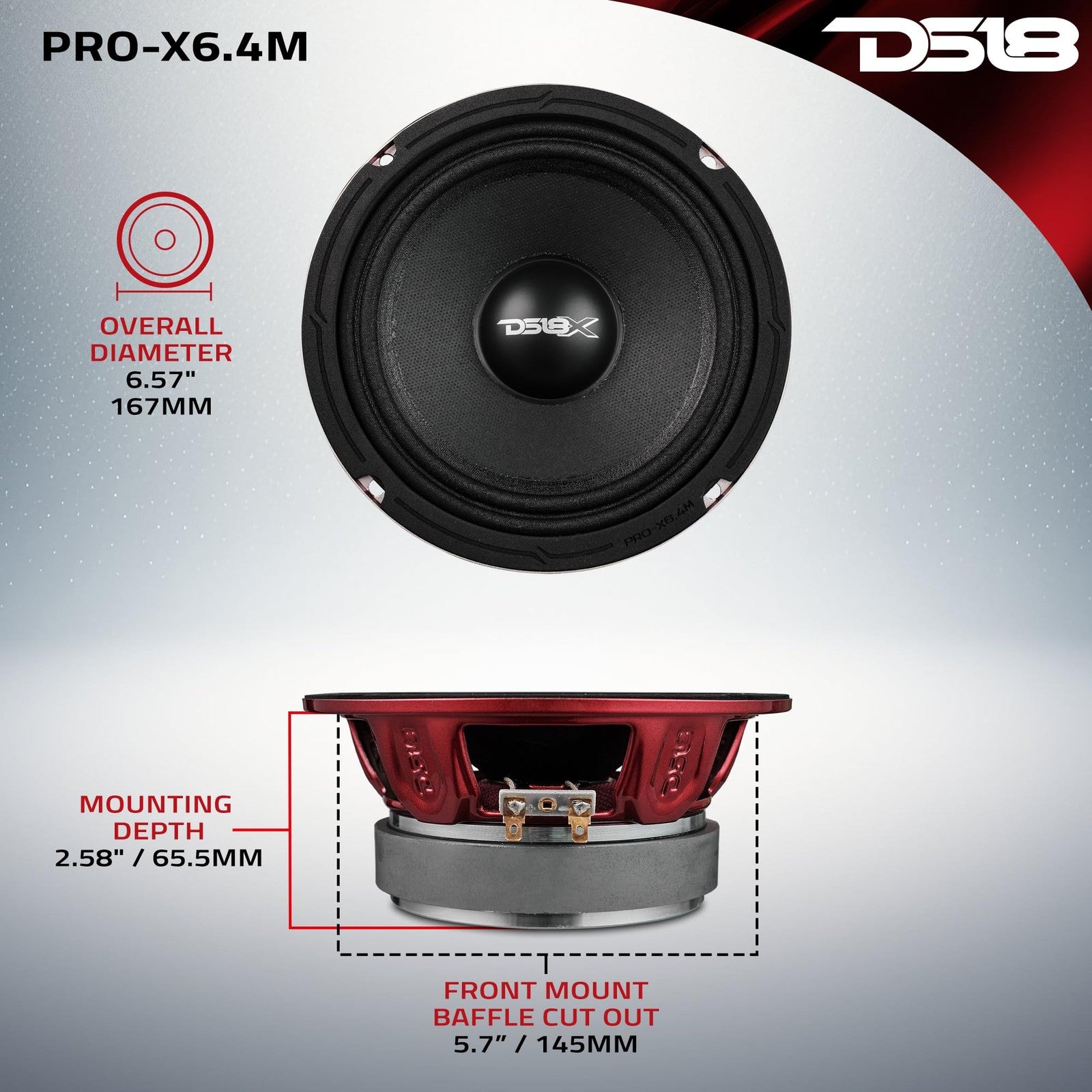 DS18 Pro-X6.4M 6.5-inch red aluminum midrange loudspeaker with 500W max power and 250W RMS for car audio systems