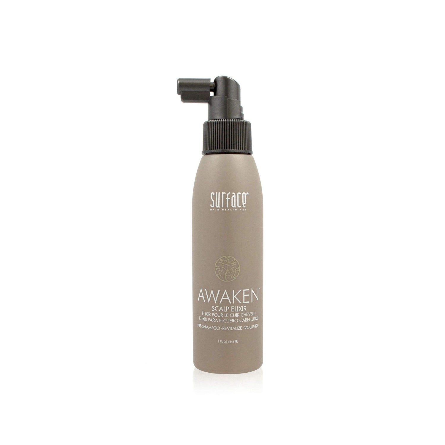 Surface Hair Awaken Therapeutic Scalp Elixir bottle with natural ingredients, designed to support thinning hair and promote scalp health.