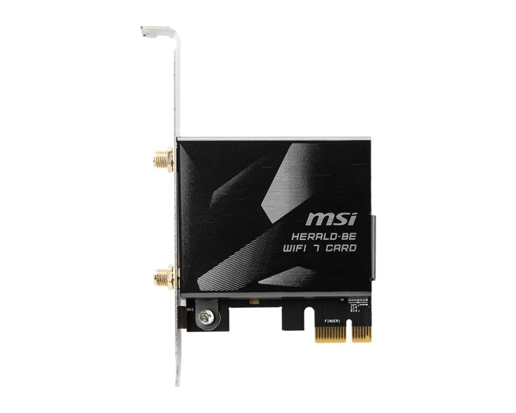 MSI Herald-BE Wi-Fi 7 MAX card with Wi-Fi 7, Bluetooth 5.4, PCIe interface, and multi-link operation, shown with ports and components.