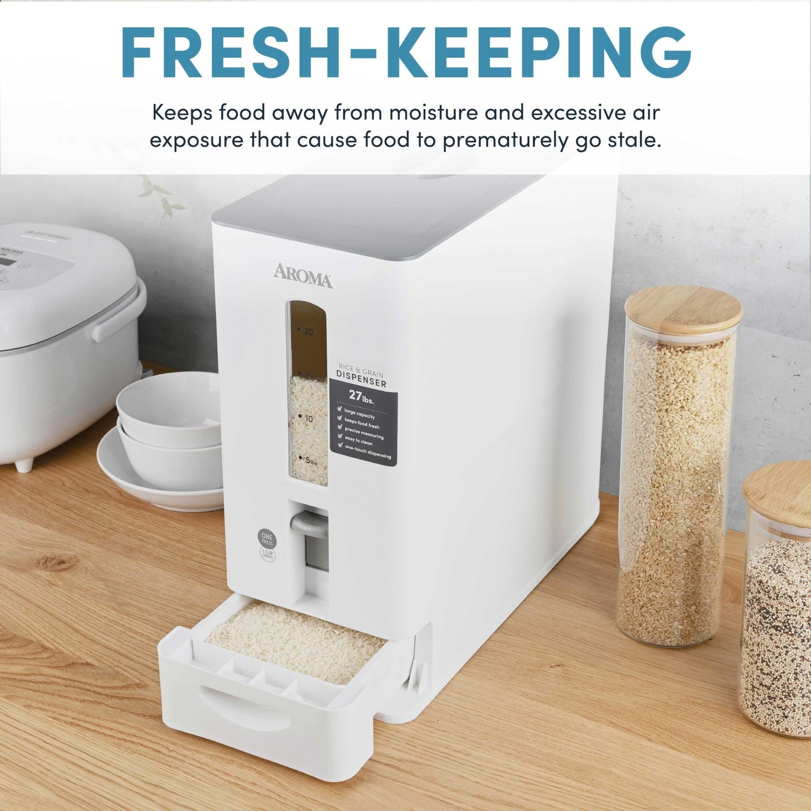White Aroma Housewares large rice dispenser with 27-pound capacity, measuring 7.25x16.5x16.5 inches, designed for kitchen storage
