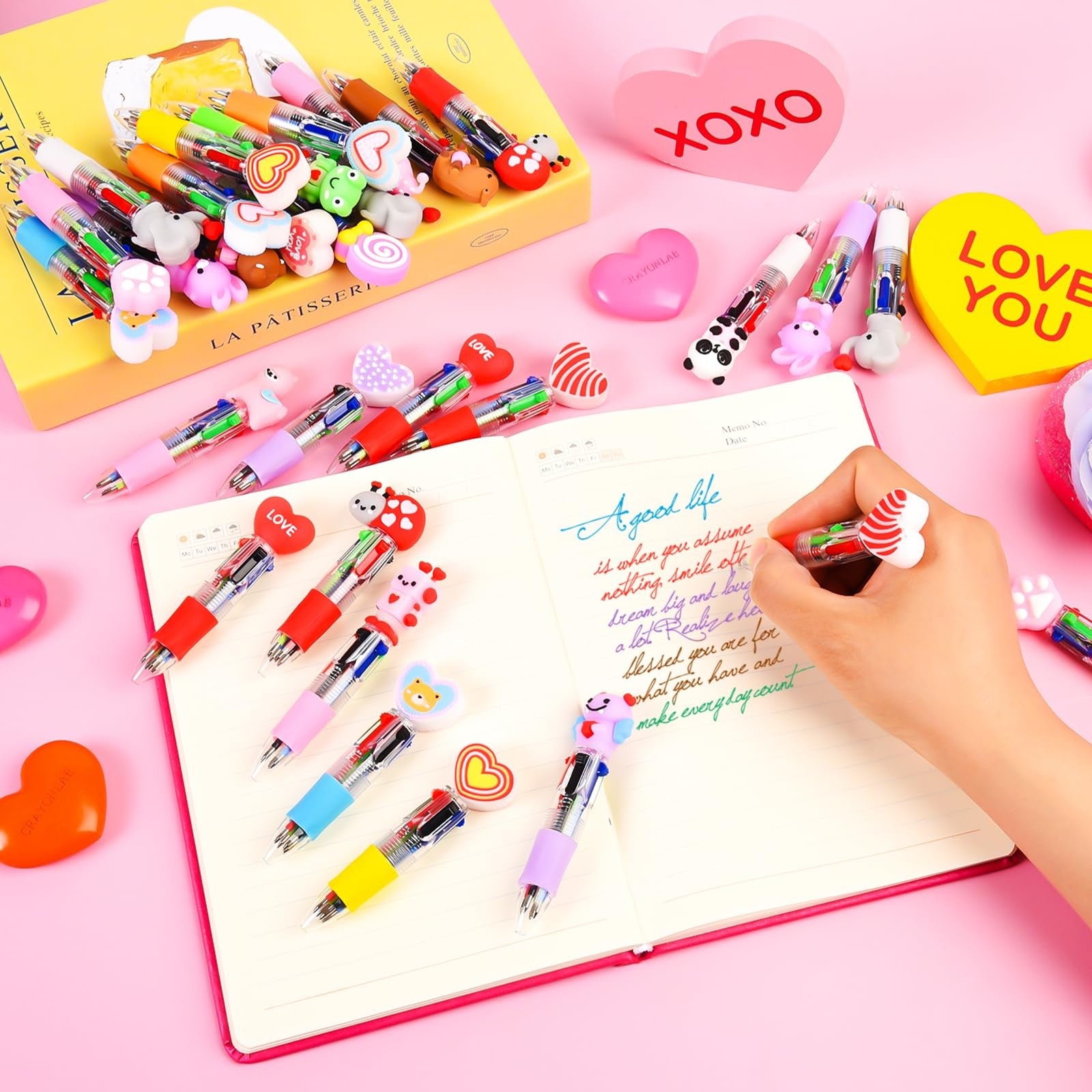 Set of 100 LiYiQ Valentine's Day animal multicolor pens featuring cute cartoon designs and fun 4-in-1 writing styles.