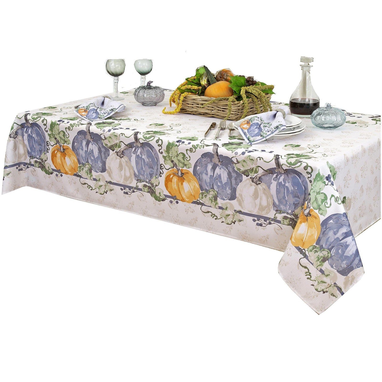 Blue pumpkin and vine-themed stonewashed border for Newbridge Thanksgiving and fall season décor.