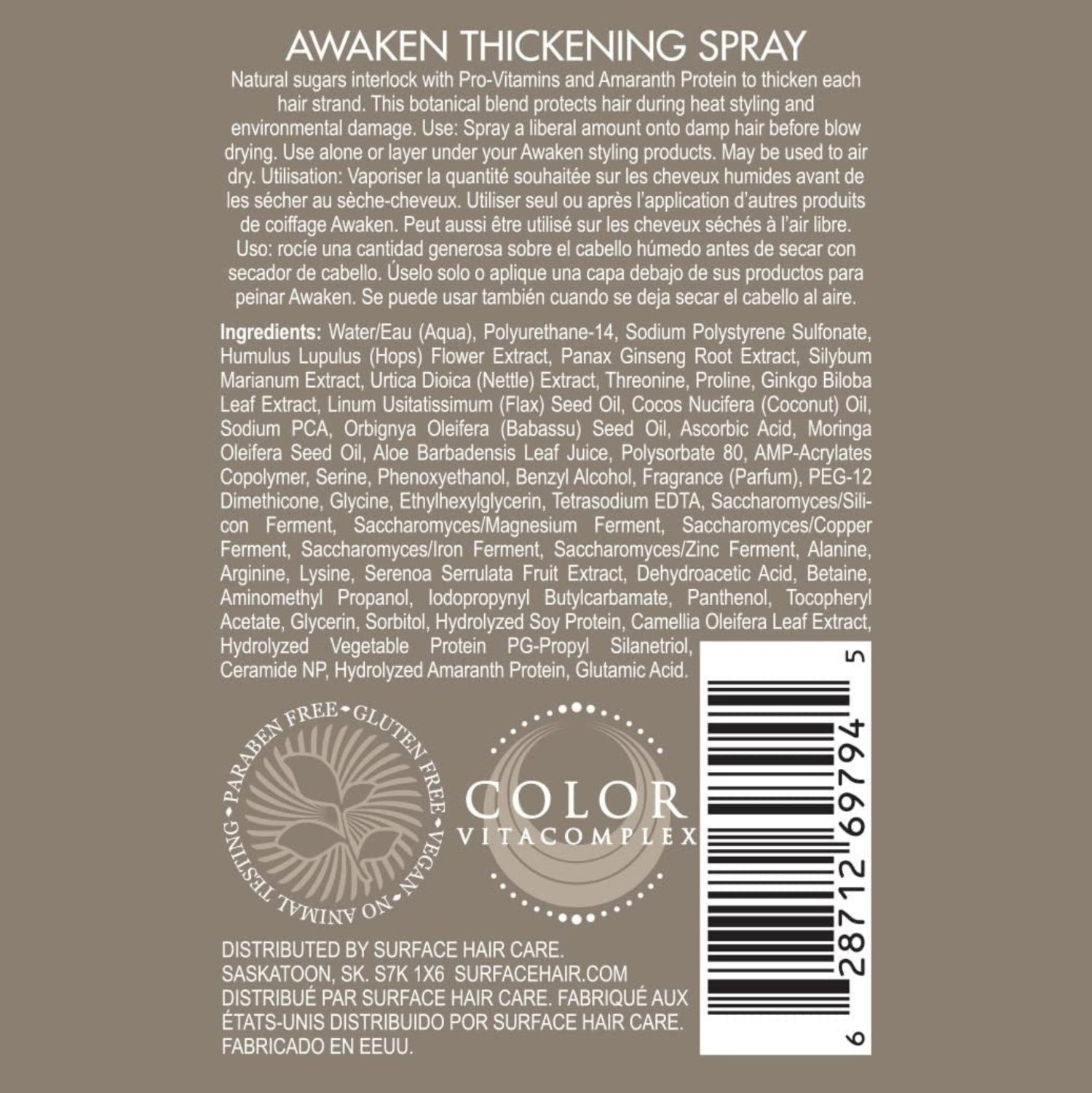 Surface Surface Hair Awaken Thickening Spray bottle with pump for pre-style conditioning and hair protection.