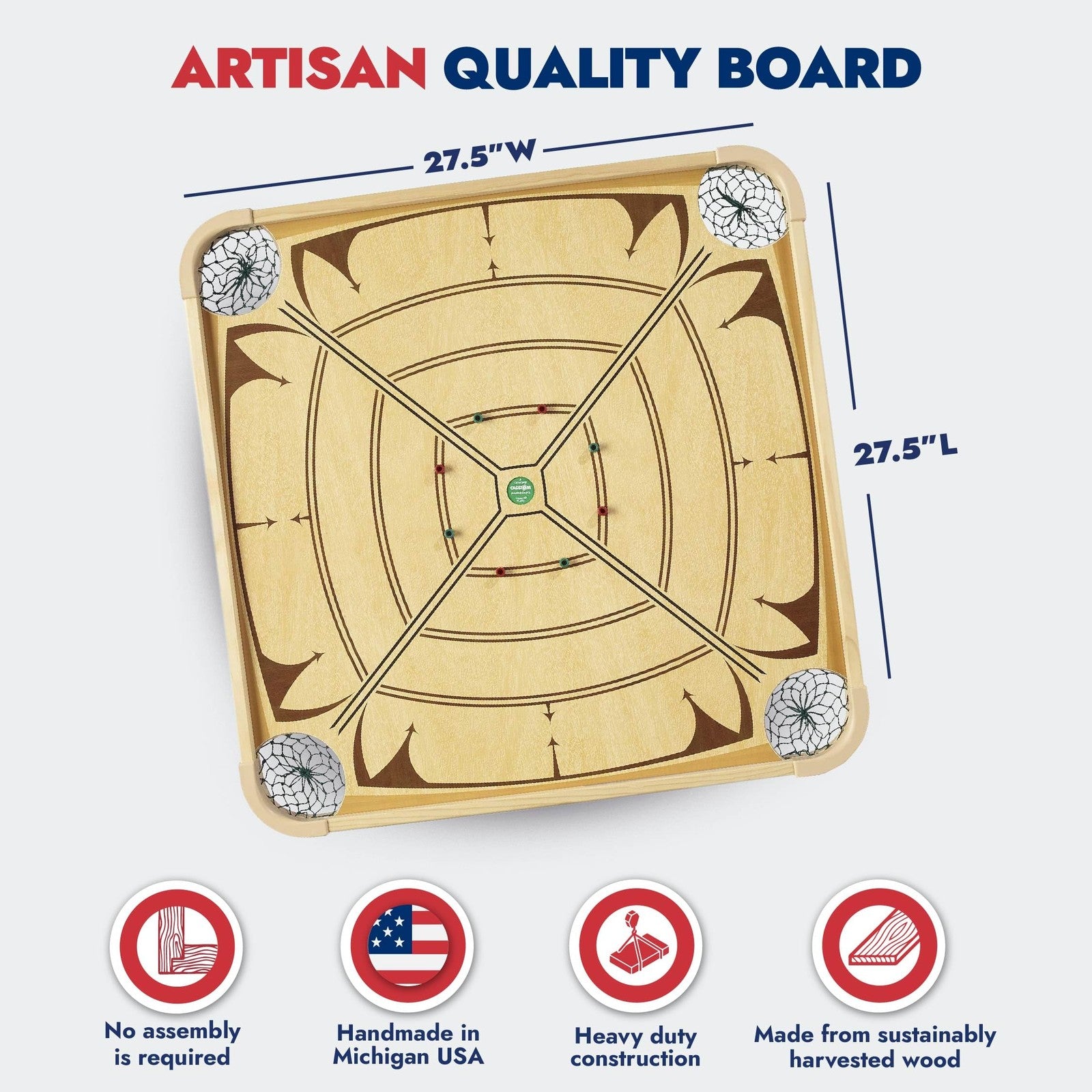 Carrom brand large carrom board game set with striker and coins, suitable for adults and children, designed for family fun.