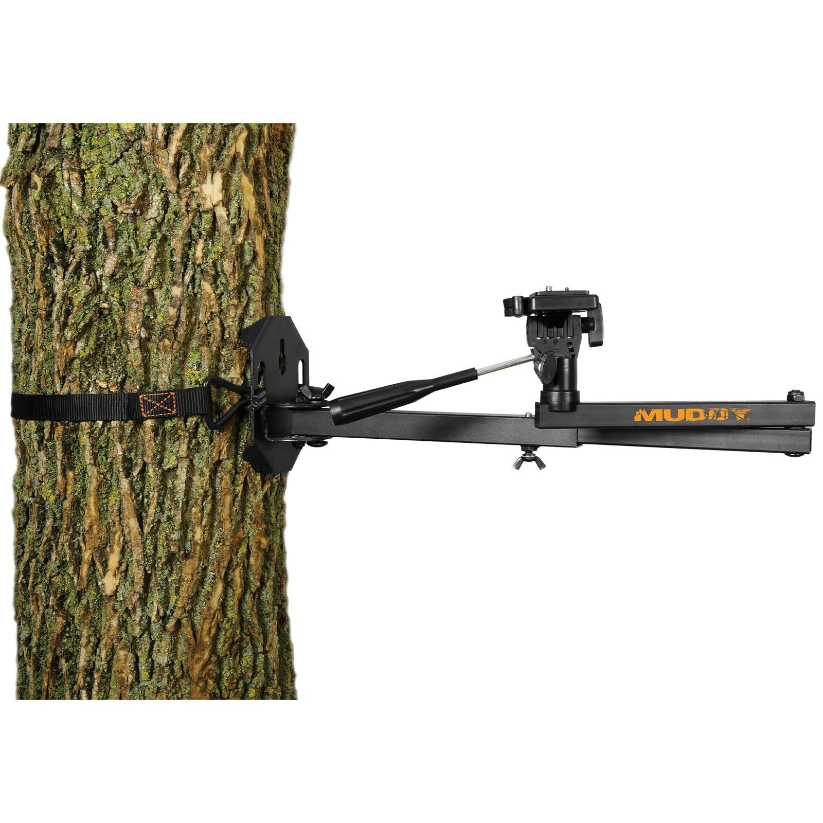 Muddy Basic Trail Camera Arm with pan head for precise positioning of game cameras, shown mounted on a tree in outdoor setting.