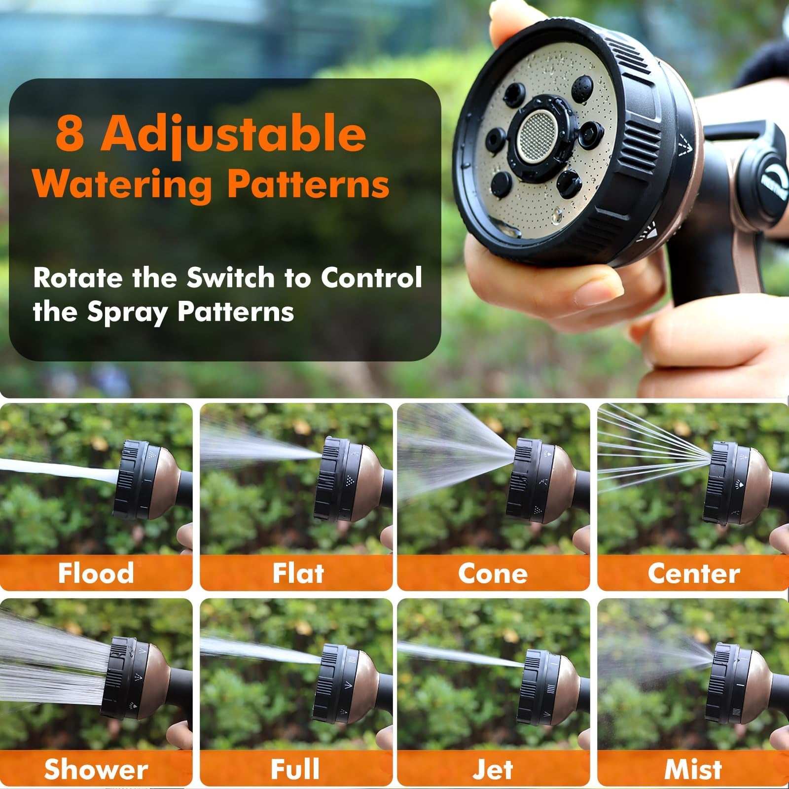 Restmo metal shower hose nozzle with 8 spray patterns, designed for garden hoses for versatile watering and cleaning.