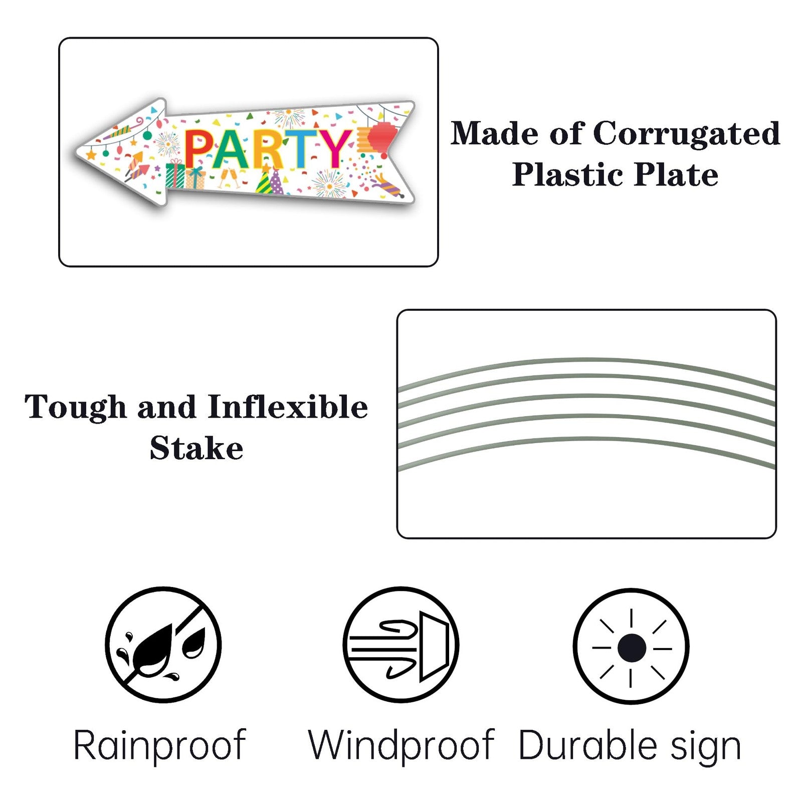 Double-sided party signs with stakes, 16x5 inches, made of corrugated material by WHWHW, displayed on a table.