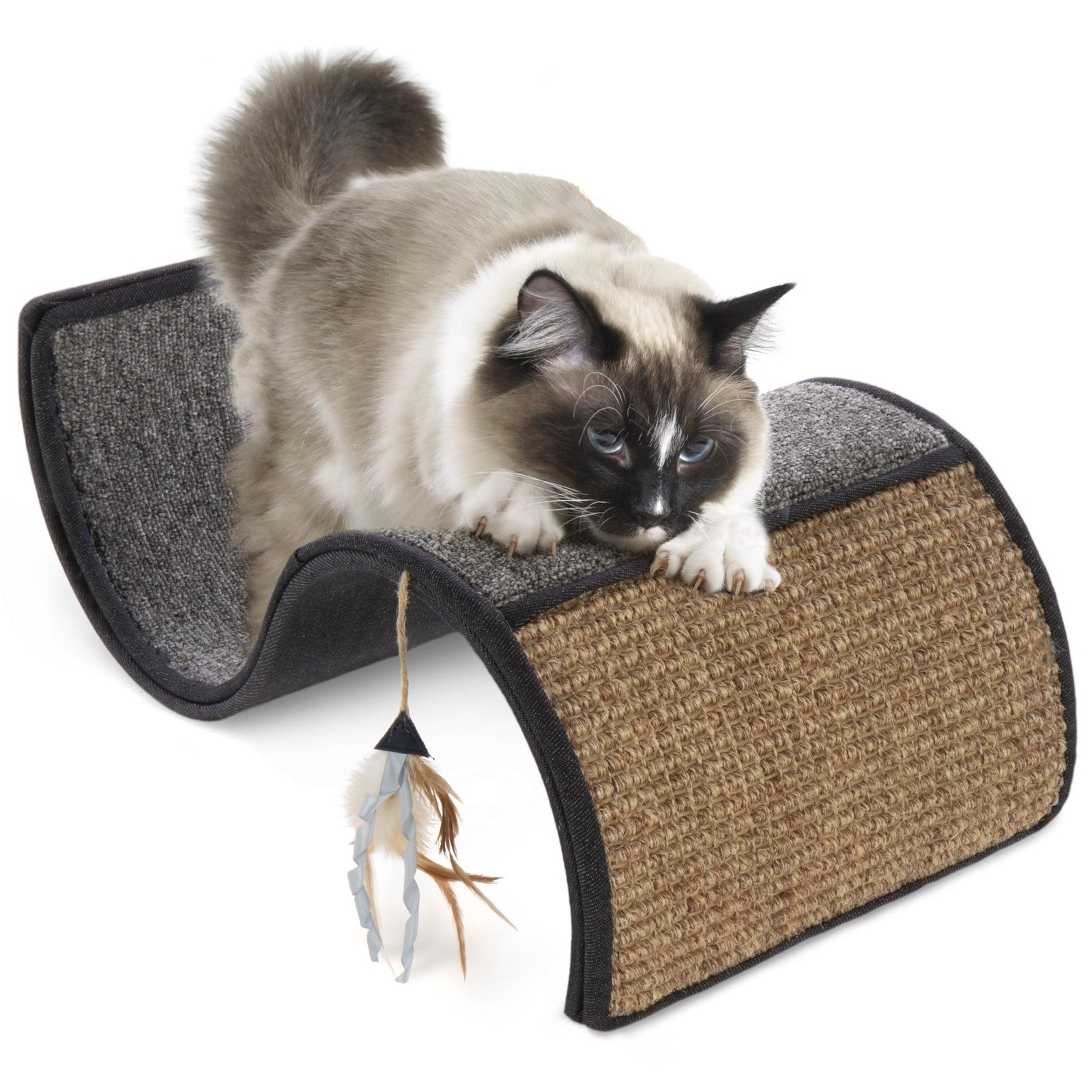 Petlinks Dream Curl carpet cat scratcher with dual sisal surfaces and lounge area, infused with catnip for feline entertainment.