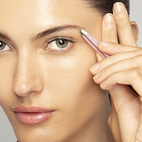Tweezerman Tea Rose Brow Sculpting Set with tweezers, brow brush, and shaping tools in a compact case.