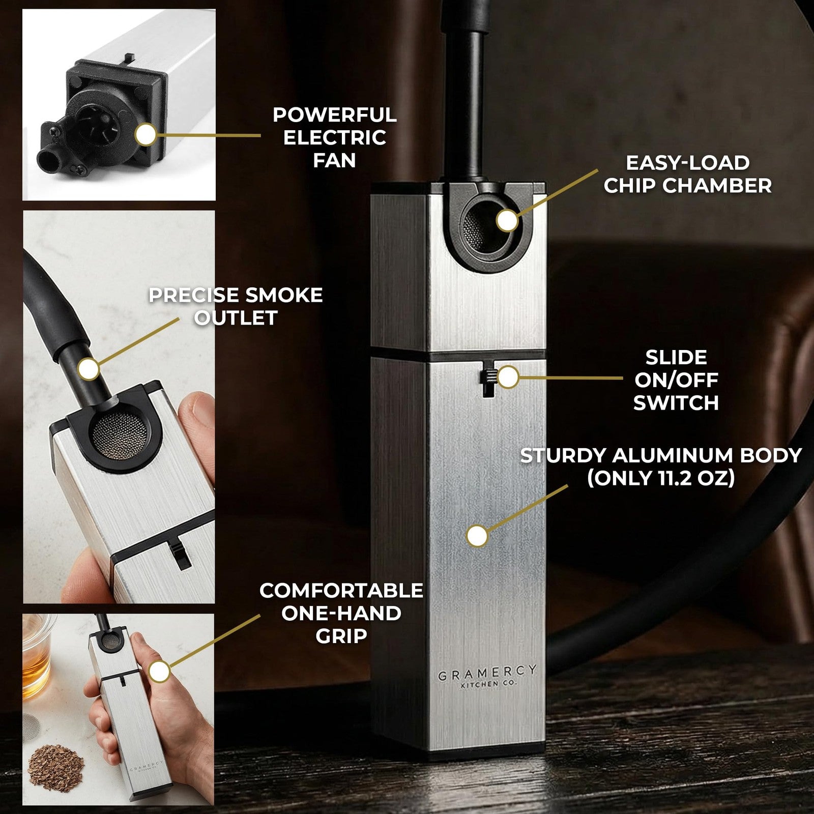 Gramercy Kitchen Company cocktail smoker kit with wood chips, indoor drink infuser, and holiday gift set for flavorful smoked drinks.