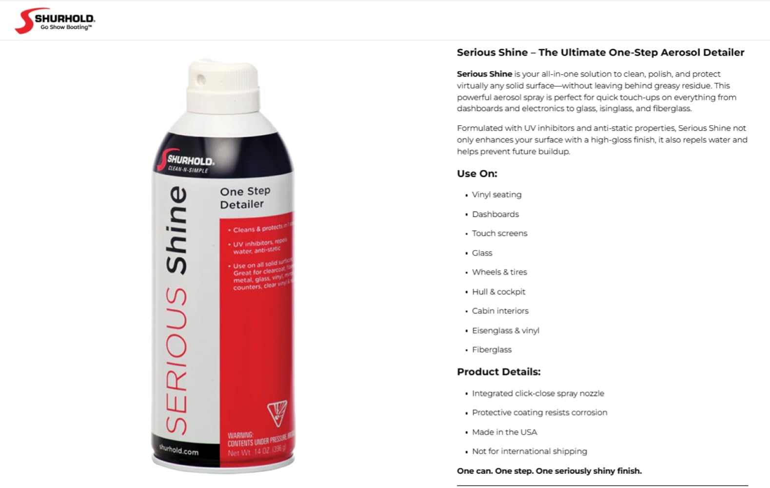 Shurhold Serious Shine Quick Detailer spray polish with UV protection, showing a spray bottle and a shiny vehicle surface.