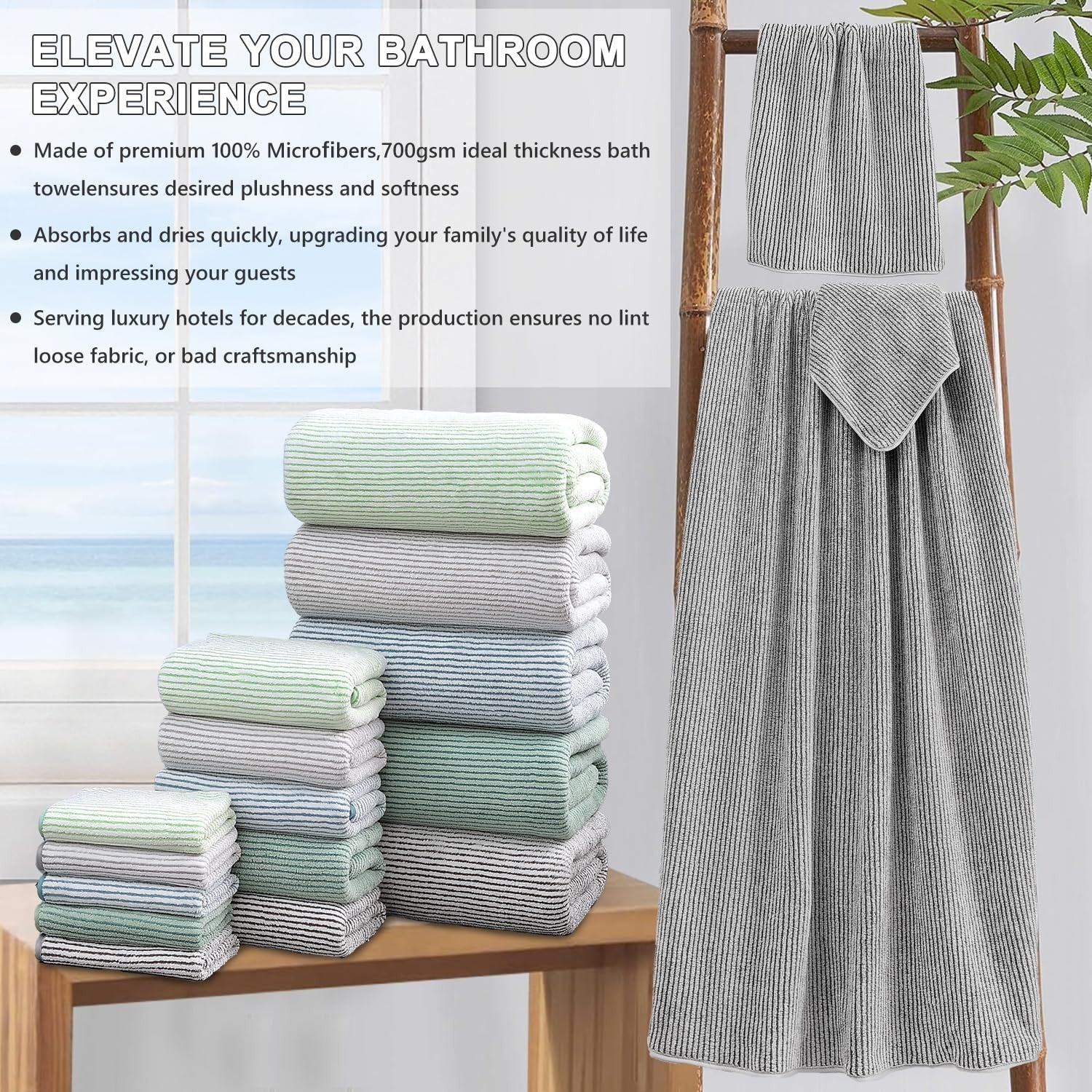Jessy Home 8-piece bathroom towel set includes two large bath sheets and two hand towels, soft and plush for everyday use.